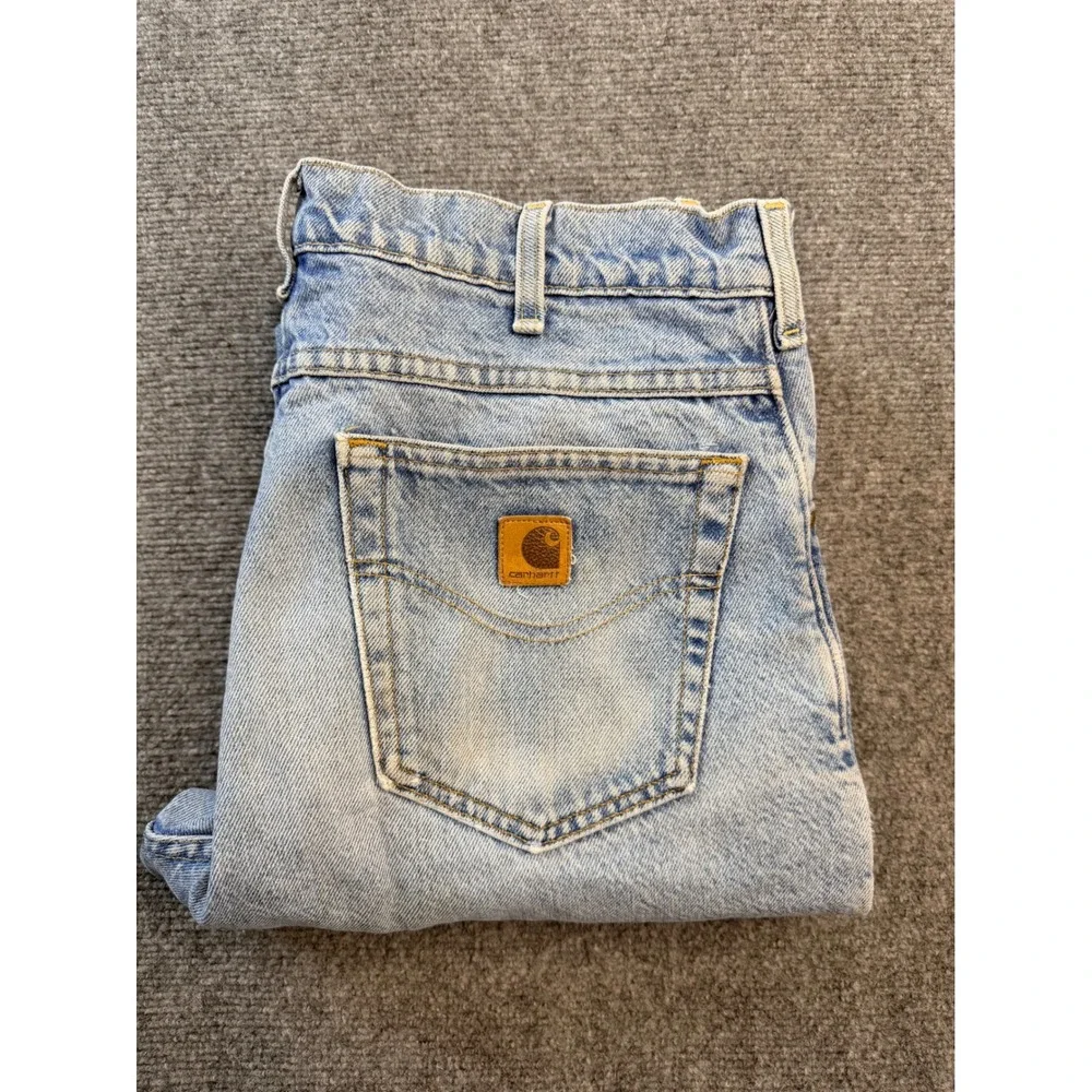 Vintage Carhartt 34x34 Light Wash Denim Jeans USA Made Workwear Straight Leg Men